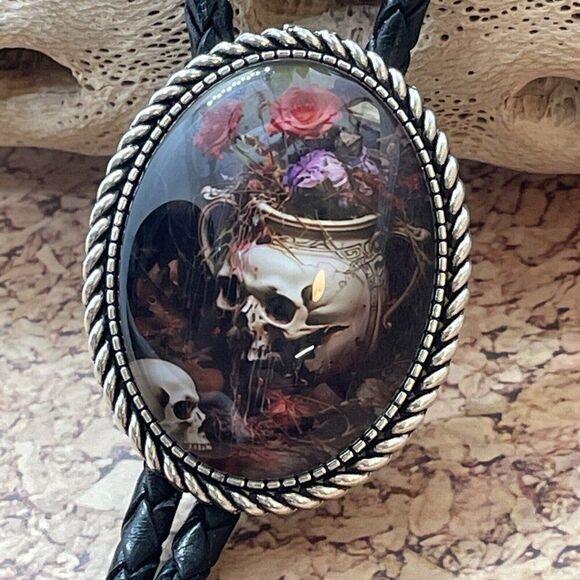 - Gothic Skull Rose Witch Leather Bolo Tie Lariat Necklace Wedding Purple Xmas - Picture 2 of 16